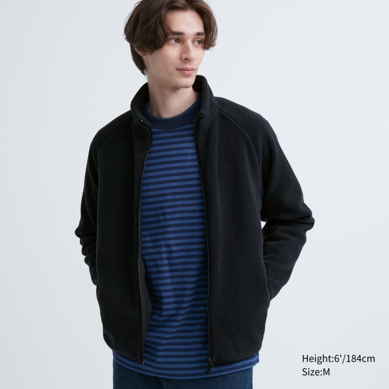 Black Men Uniqlo Fleece Long-sleeve Full-zip Jackets | USA UAKPM-5879