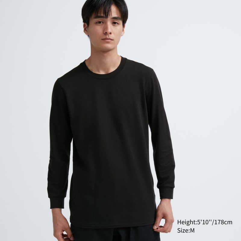 Black Men Uniqlo Heattech Cotton Crew Neck (Extra Warm) T Shirts | USA DUTRI-4392