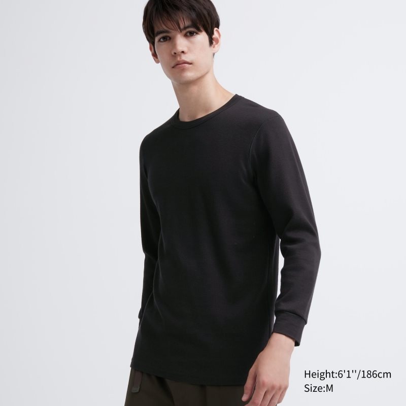 Black Men Uniqlo Heattech Cotton Waffle Crew Neck (Extra Warm) T Shirts | USA FRWLC-2549