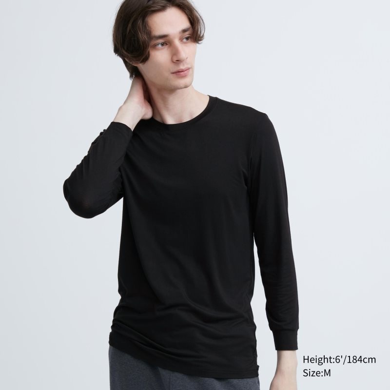 Black Men Uniqlo Heattech Crew Neck Long-sleeve T Shirts | USA GDSBK-2645