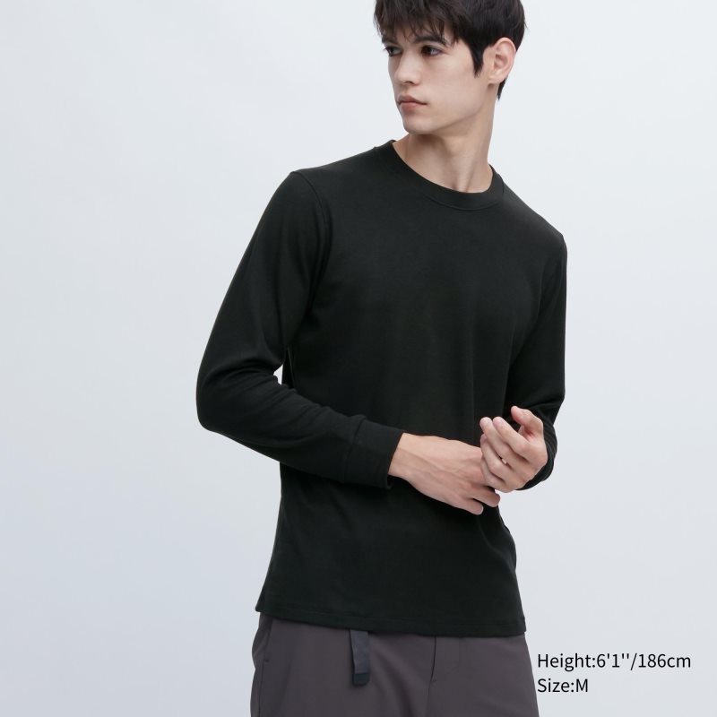 Black Men Uniqlo Heattech Ultra Warm Crew Neck Long-sleeve T Shirts | USA GFRWO-4173