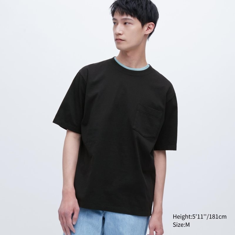 Black Men Uniqlo Oversized Pocket Crew Neck Half-sleeve T Shirts | USA YNKSL-3265