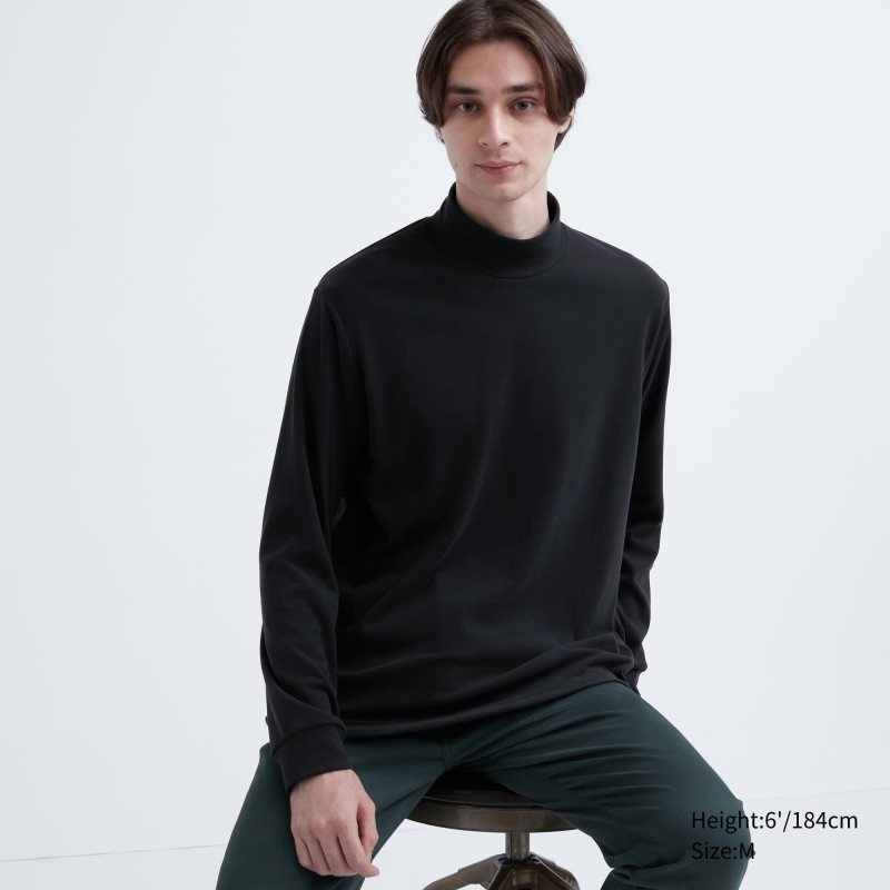 Black Men Uniqlo Smooth Fleece Mock Neck T Shirts | USA OKTRV-1683