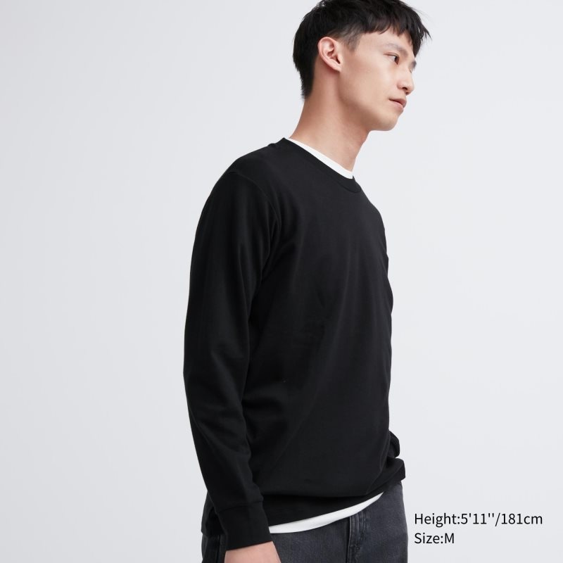 Black Men Uniqlo Soft Brushed Crew Neck Long-sleeve T Shirts | USA OXRTU-0746