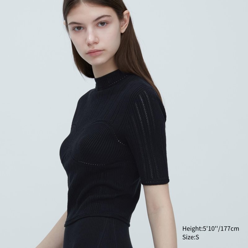 Black Women Uniqlo 3d Knit Mesh Half-sleeve (Mame Kurogouchi) Sweaters | USA FUAEH-8650