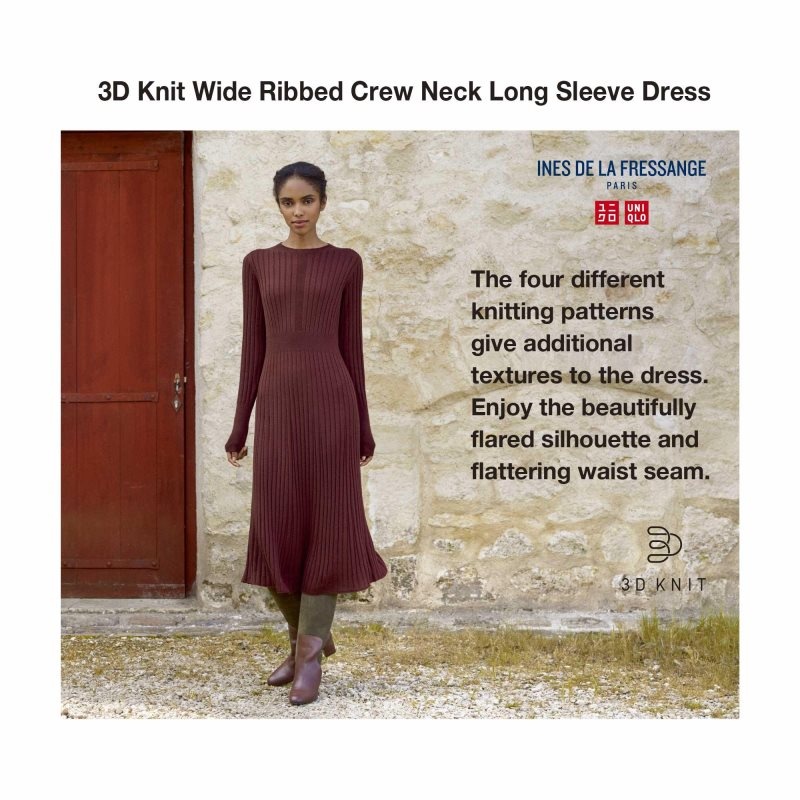 Black Women Uniqlo 3d Knit Ribbed Crew Neck Long-sleeve (Ines De La Fressange) Dress | USA HIPDN-8712