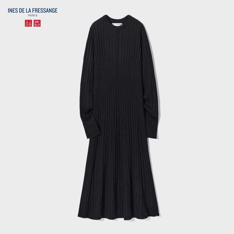 Black Women Uniqlo 3d Knit Ribbed Crew Neck Long-sleeve (Ines De La Fressange) Dress | USA HIPDN-8712