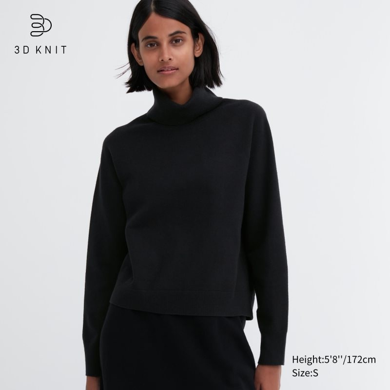 Black Women Uniqlo 3d Knit Souffle Yarn Long Sleeve Sweaters | USA ZJDCF-0538