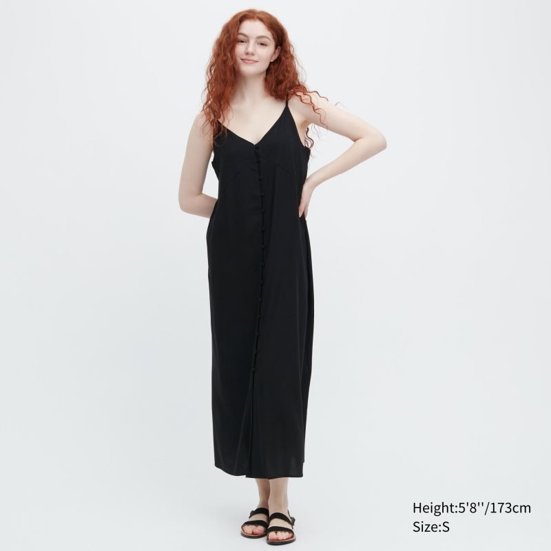 Black Women Uniqlo Button Down Camisole Flare Dress | USA AZMSE-0684