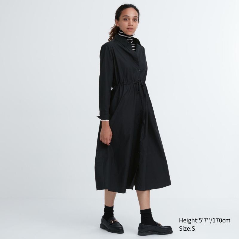 Black Women Uniqlo Cotton Long-sleeve Long Shirt Dress | USA FXOKG-0942