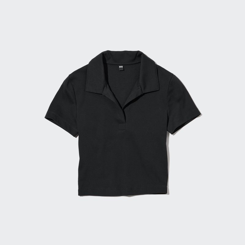 Black Women Uniqlo Cropped Skipper Short-sleeve Polo Shirts | USA DSWOK-7523