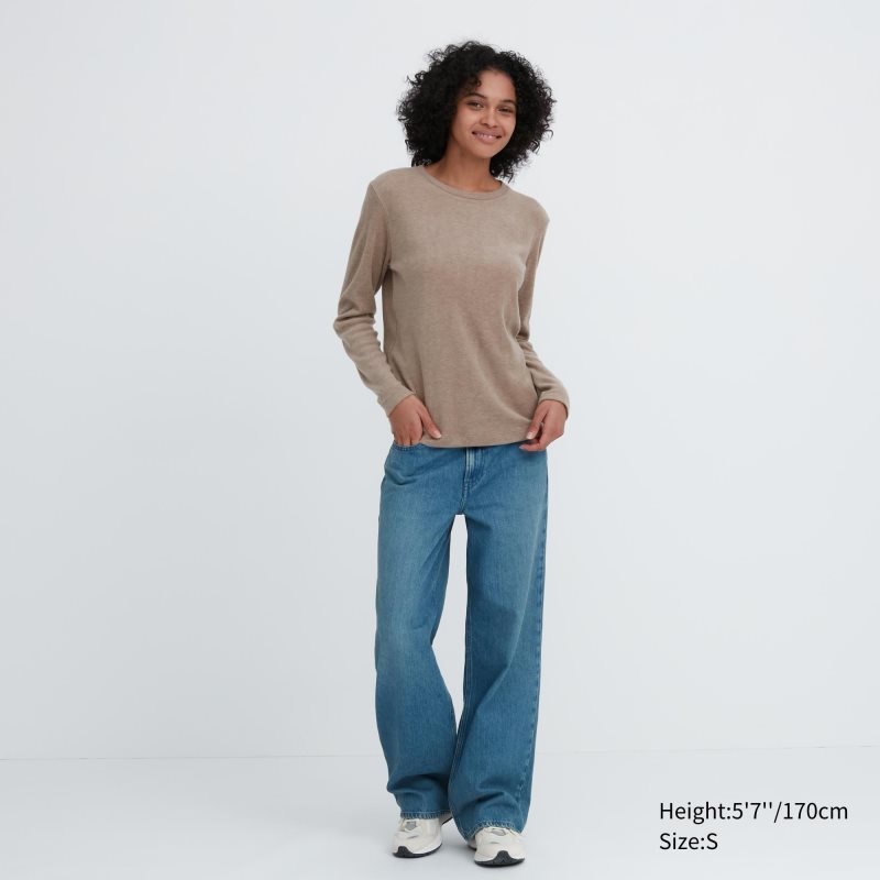 Black Women Uniqlo Heattech Fleece Crew Neck Long Sleeve T Shirts | USA CFOWR-0954