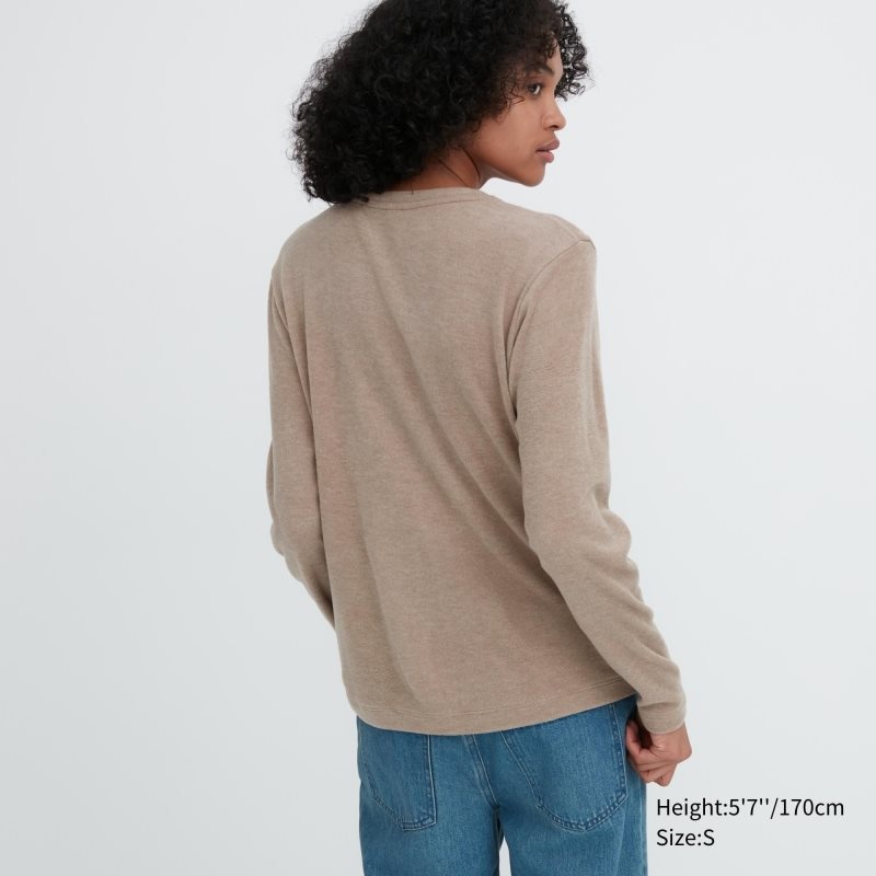 Black Women Uniqlo Heattech Fleece Crew Neck Long Sleeve T Shirts | USA CFOWR-0954