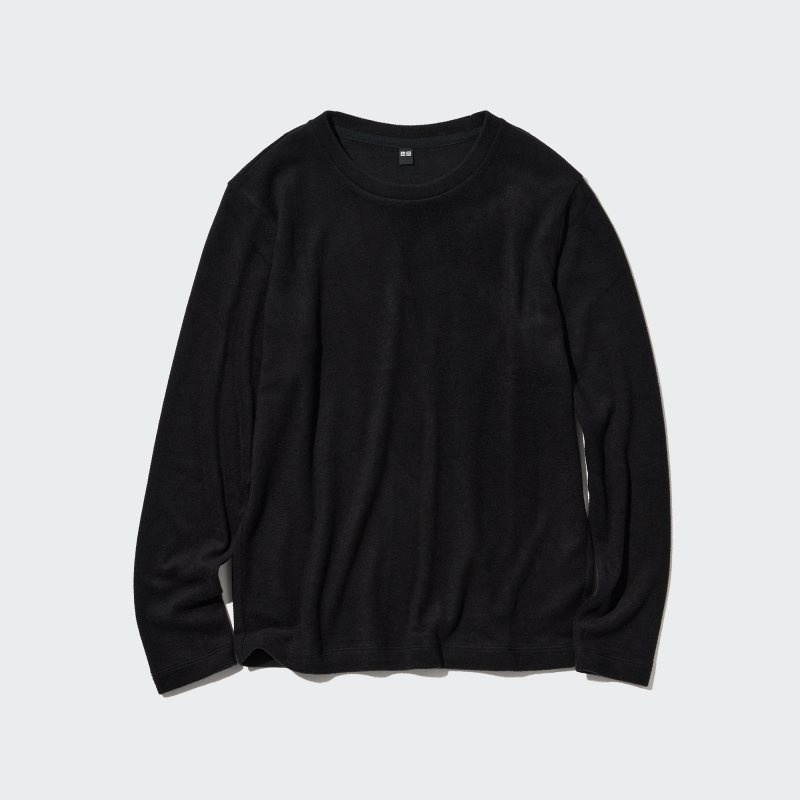 Black Women Uniqlo Heattech Fleece Crew Neck Long Sleeve T Shirts | USA CFOWR-0954