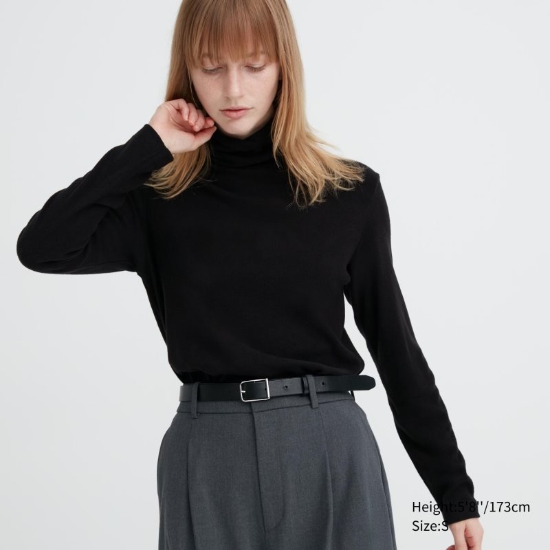 Black Women Uniqlo Heattech Fleece Turtleneck Long-sleeve T Shirts | USA WXAFR-3401