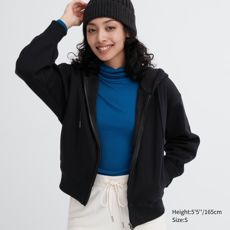 Black Women Uniqlo Heattech Pile Lined Sweat Full-zip Hoodie | USA RMYIO-7284