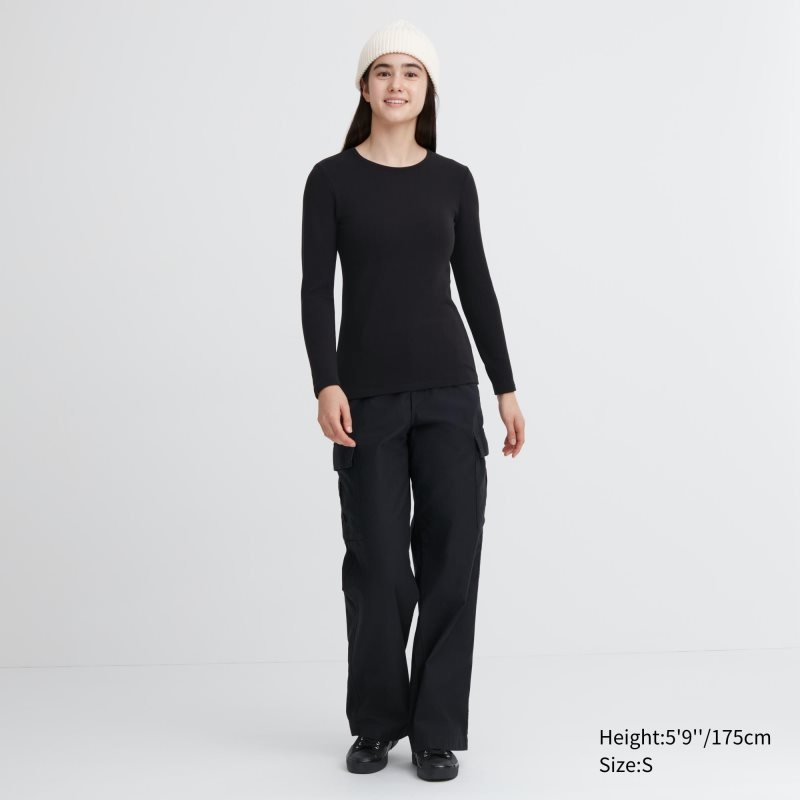 Black Women Uniqlo Heattech Ultra Warm Crew Neck T Shirts | USA GASEM-8579