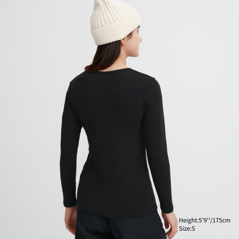 Black Women Uniqlo Heattech Ultra Warm Crew Neck T Shirts | USA GASEM-8579