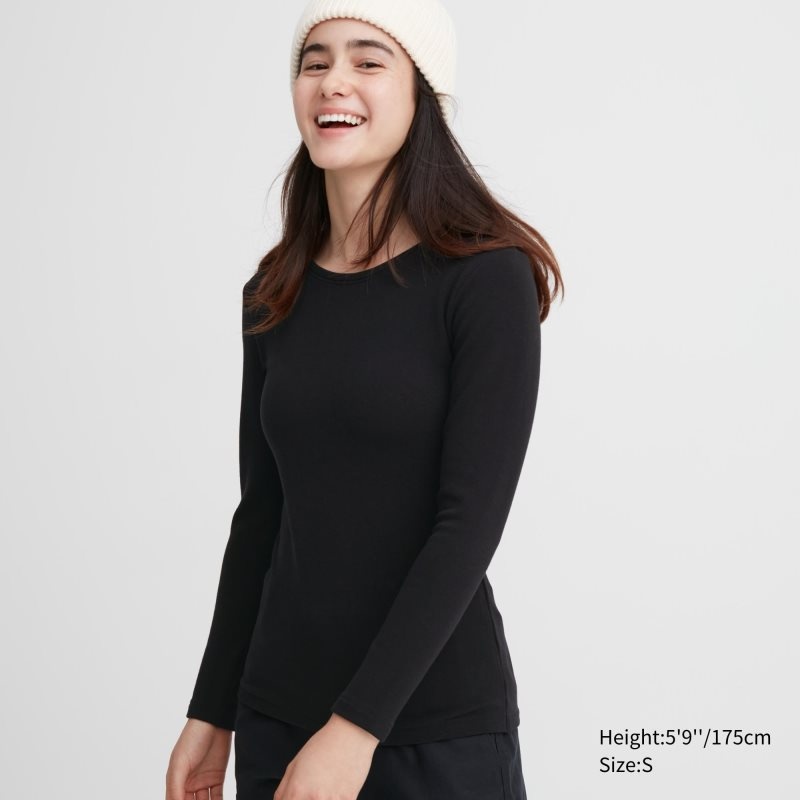 Black Women Uniqlo Heattech Ultra Warm Crew Neck T Shirts | USA GASEM-8579