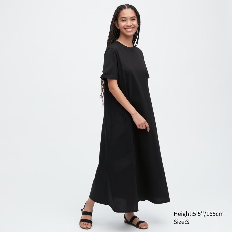 Black Women Uniqlo Mercerized Cotton Short-sleeve A-line Dress | USA FYUQM-3491