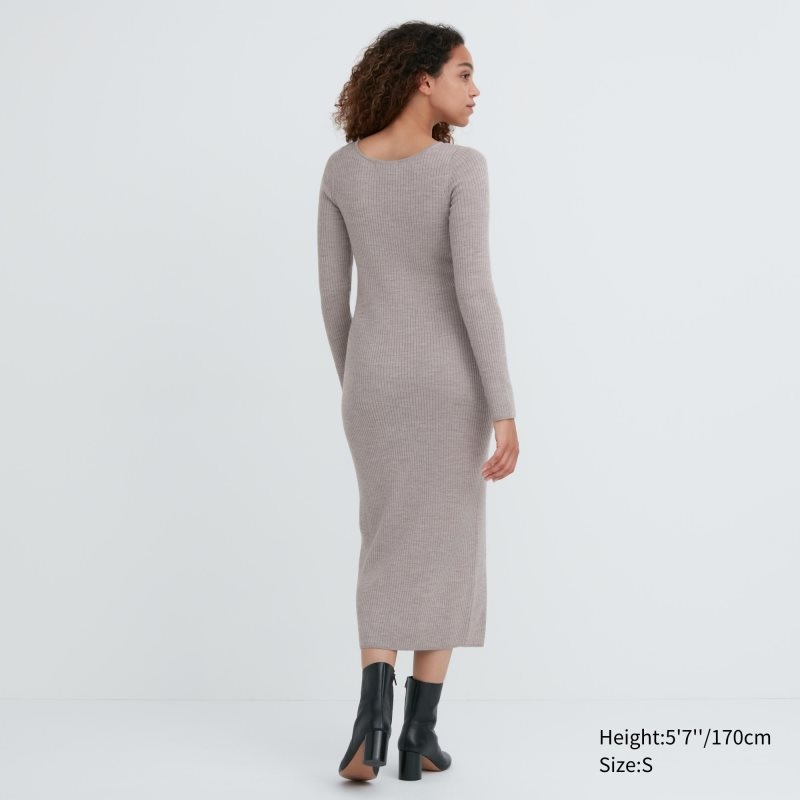 Black Women Uniqlo Merino Blend Fitted U-neck Long-sleeve Dress | USA QKNBM-3168