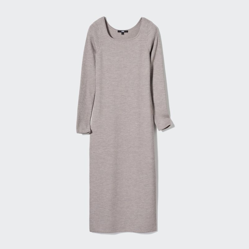 Black Women Uniqlo Merino Blend Fitted U-neck Long-sleeve Dress | USA QKNBM-3168