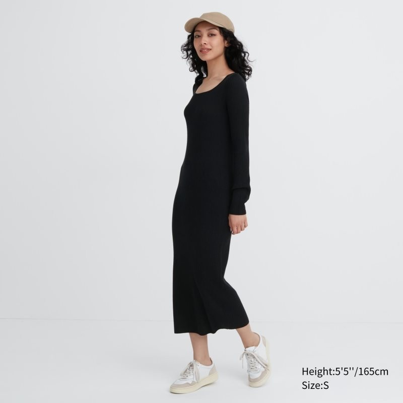 Black Women Uniqlo Merino Blend Fitted U-neck Long-sleeve Dress | USA QKNBM-3168