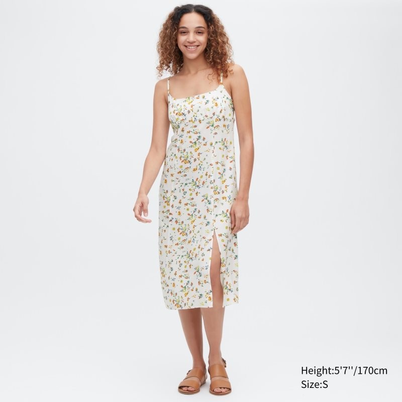 Black Women Uniqlo Printed Front Slit Camisole Dress | USA PRVLE-7216