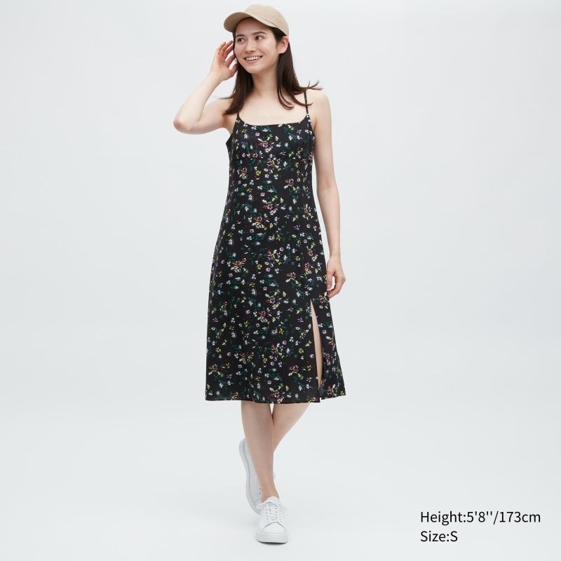 Black Women Uniqlo Printed Front Slit Camisole Dress | USA PRVLE-7216