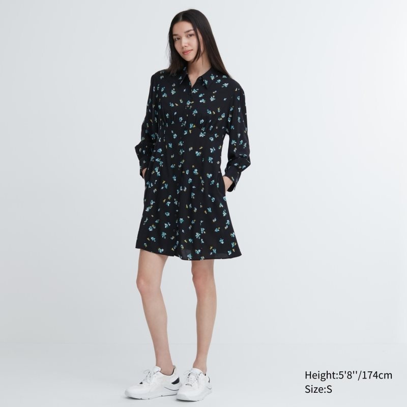 Black Women Uniqlo Printed V-neck Long-sleeve Mini Dress | USA YCKIF-8340