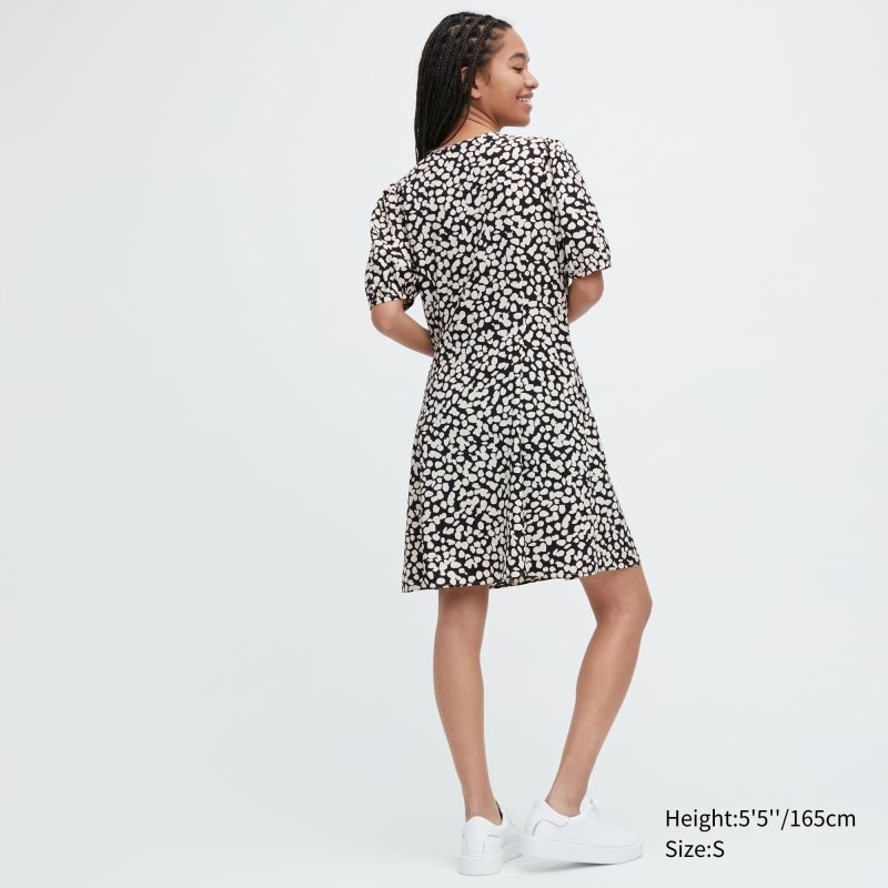 Black Women Uniqlo Printed V-neck Short-sleeve Mini Dress | USA BCFJN-4132