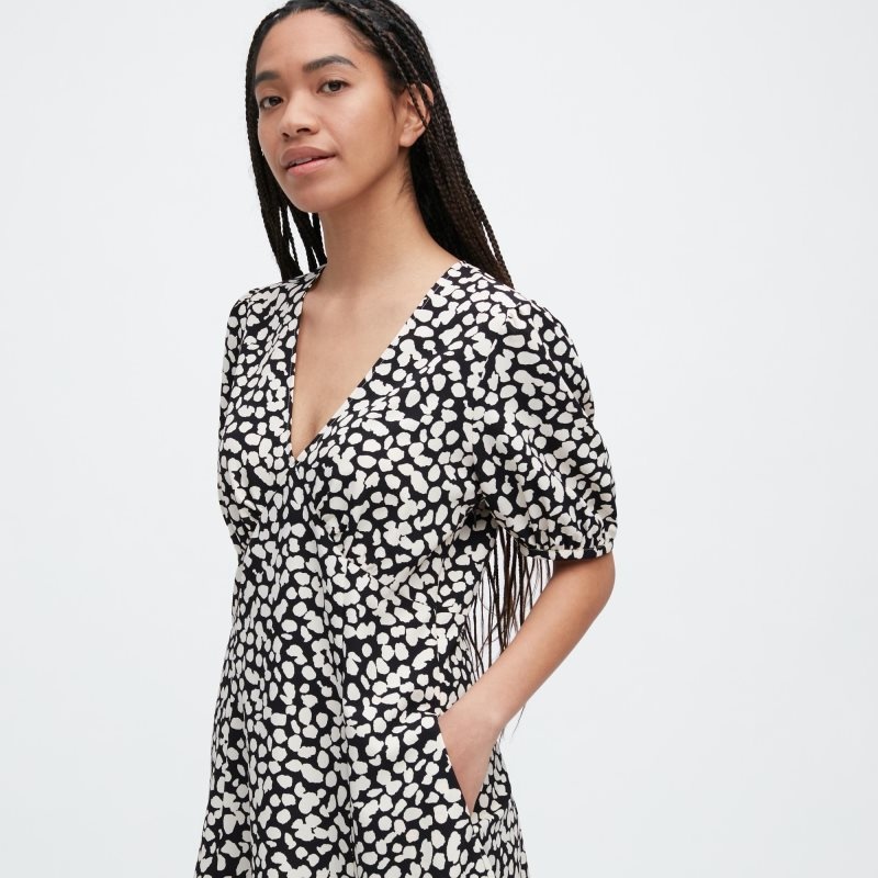 Black Women Uniqlo Printed V-neck Short-sleeve Mini Dress | USA BCFJN-4132