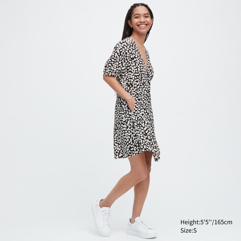 Black Women Uniqlo Printed V-neck Short-sleeve Mini Dress | USA BCFJN-4132