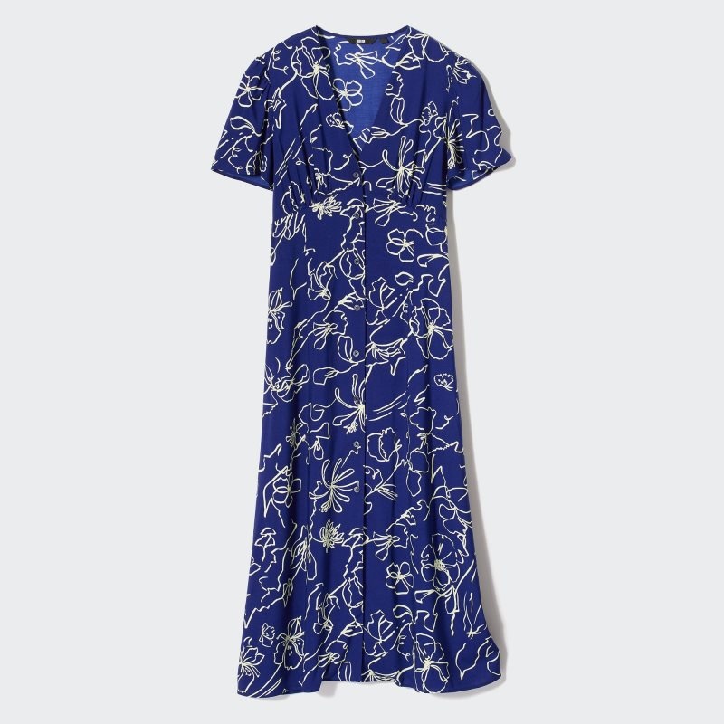 Black Women Uniqlo Printed V-neck Short-sleeve Flare Dress | USA ZOTGL-6981