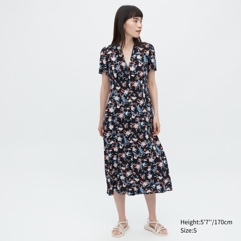 Black Women Uniqlo Printed V-neck Short-sleeve Flare Dress | USA KOGTH-3154