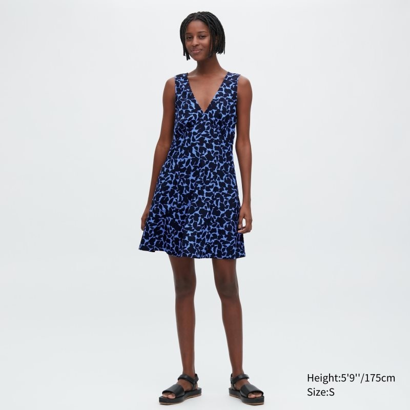 Black Women Uniqlo Printed V-neck Sleeveless Mini Dress | USA BAKET-8153