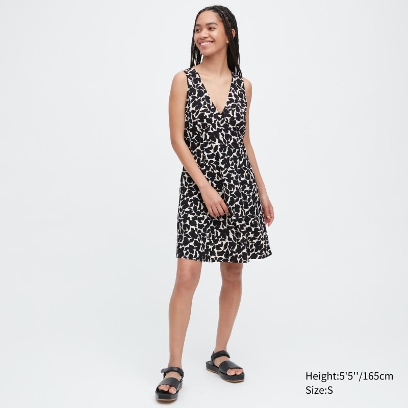 Black Women Uniqlo Printed V-neck Sleeveless Mini Dress | USA BAKET-8153