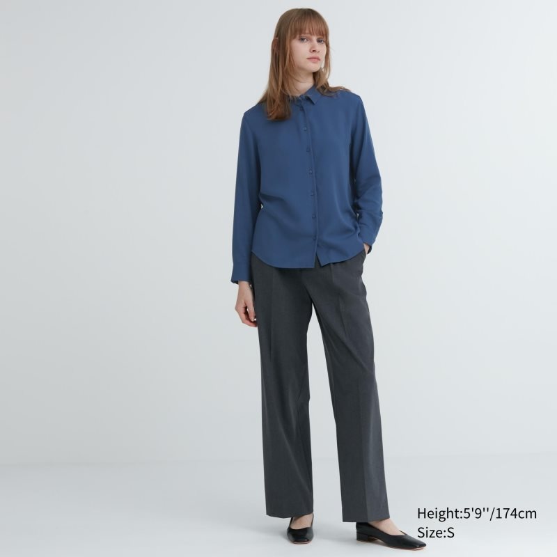 Black Women Uniqlo Rayon Long-sleeve Blouse | USA YRGOF-9435