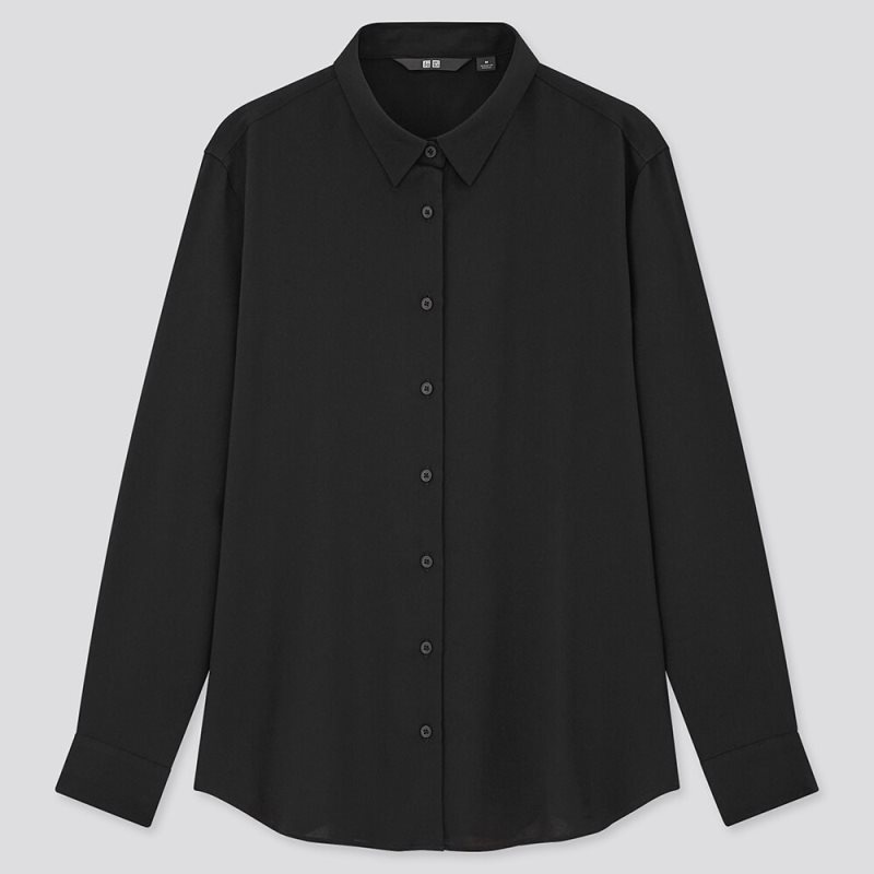 Black Women Uniqlo Rayon Long-sleeve Blouse | USA HKCEQ-5264