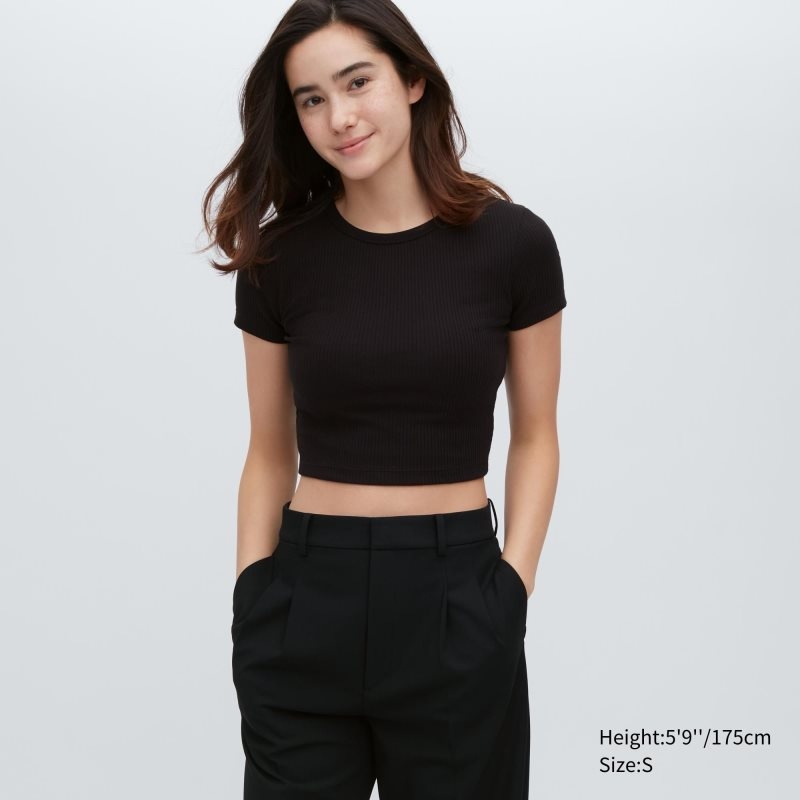 Black Women Uniqlo Ribbed Crew Neck Short-sleeve Cropped T Shirts | USA XWTQE-8563