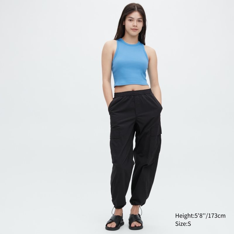 Black Women Uniqlo Ribbed Racer Back Cropped Tank Tops | USA RFNET-8519