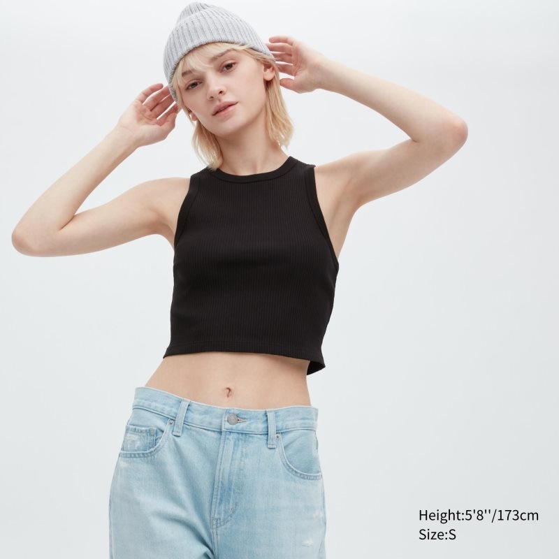 Black Women Uniqlo Ribbed Racer Back Cropped Tank Tops | USA RFNET-8519