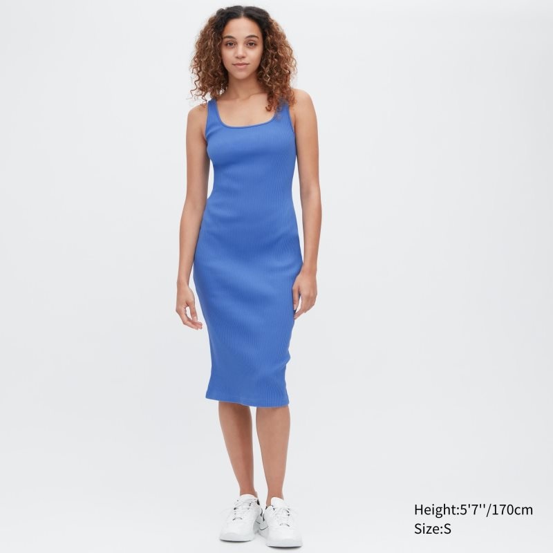 Black Women Uniqlo Ribbed Square Neck Sleeveless Dress | USA XWTAL-1725