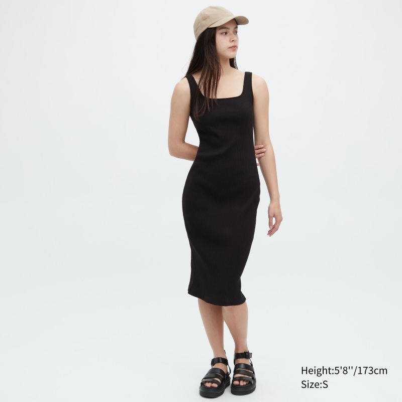 Black Women Uniqlo Ribbed Square Neck Sleeveless Dress | USA XWTAL-1725