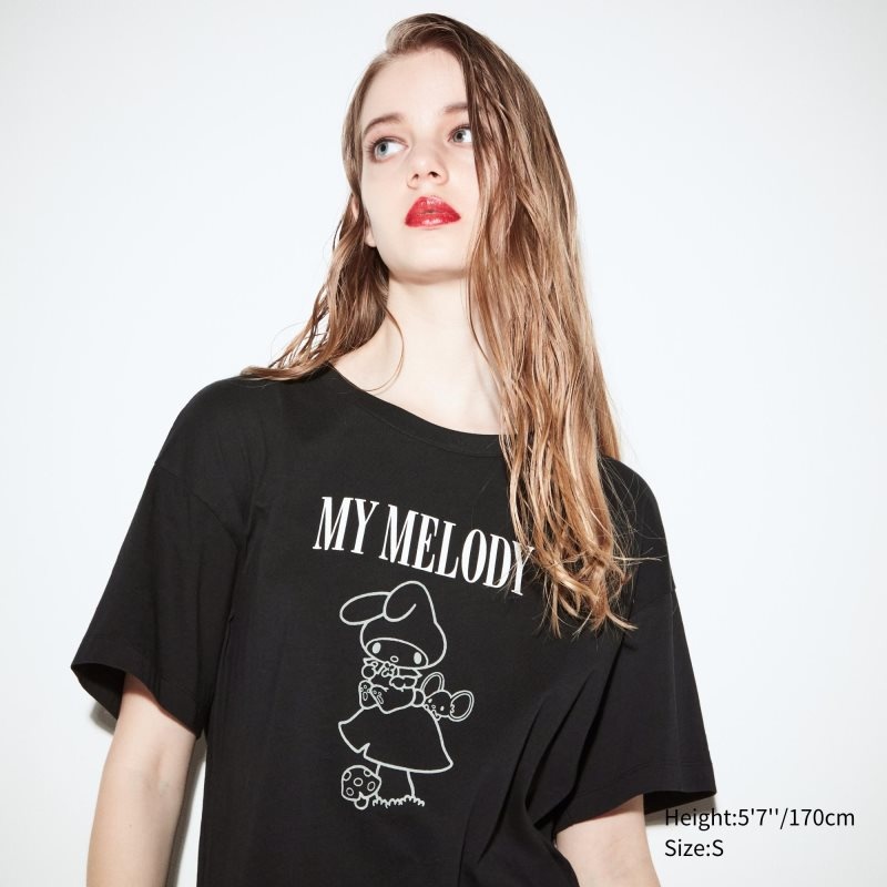 Black Women Uniqlo Sanrio Characters: Kuromi & My Melody Ut (Short-sleeve Graphic Tunic) T Shirts | USA YTCON-3709