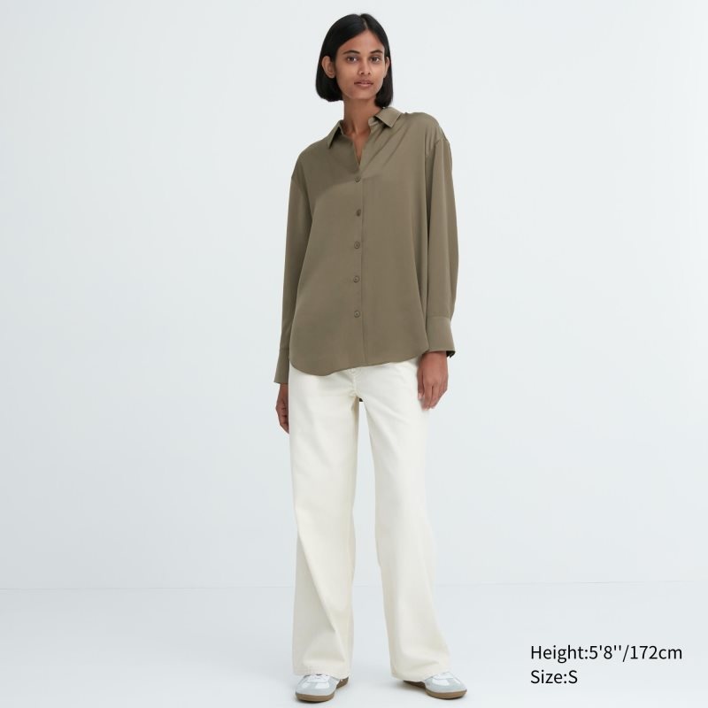 Black Women Uniqlo Satin Long Sleeve Blouse | USA CLMKQ-3786