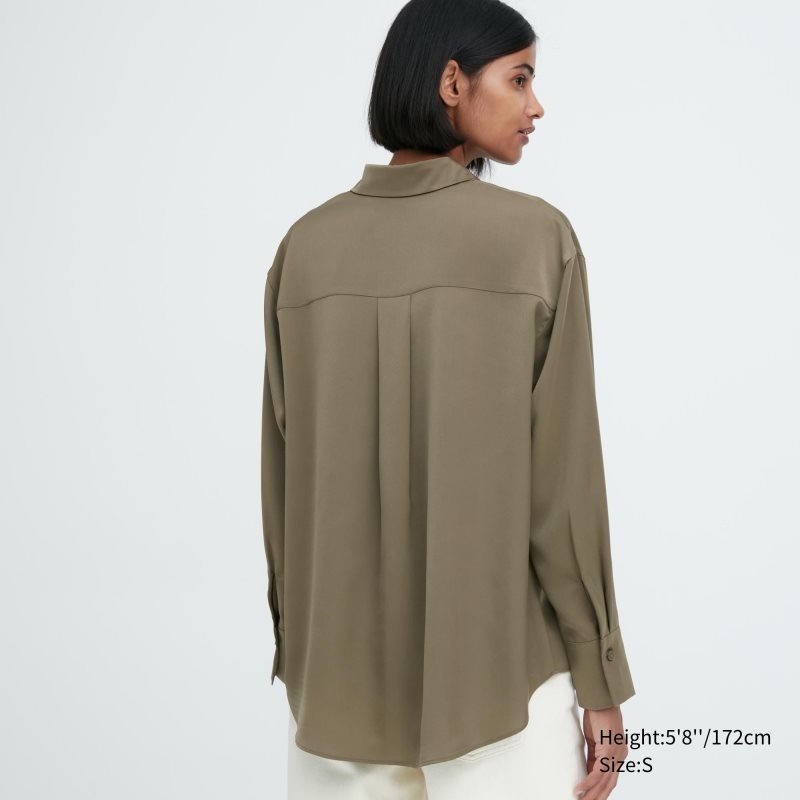 Black Women Uniqlo Satin Long Sleeve Blouse | USA CLMKQ-3786