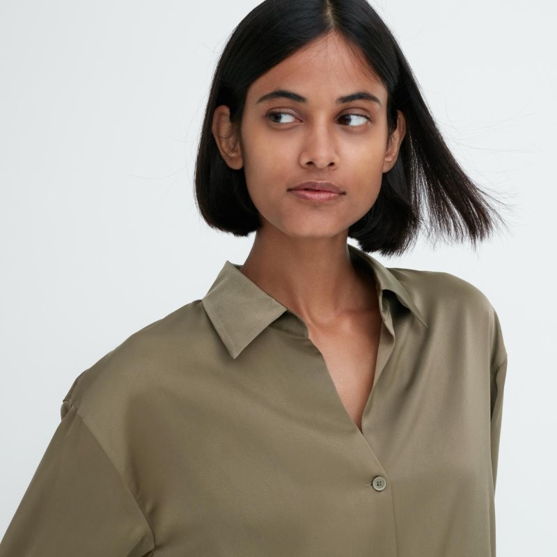 Black Women Uniqlo Satin Long Sleeve Blouse | USA CLMKQ-3786