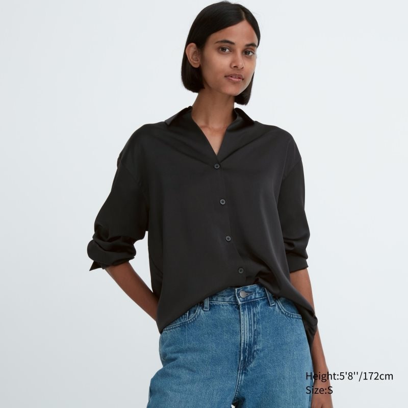 Black Women Uniqlo Satin Long Sleeve Blouse | USA CLMKQ-3786