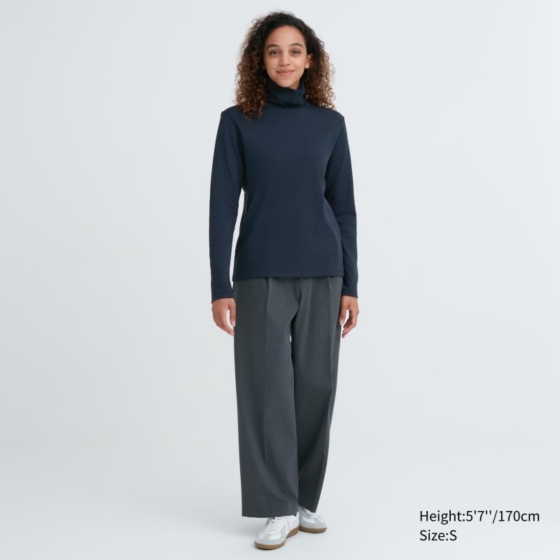 Black Women Uniqlo Smooth Stretch Cotton Turtleneck Long Sleeve T Shirts | USA XVFCW-3981